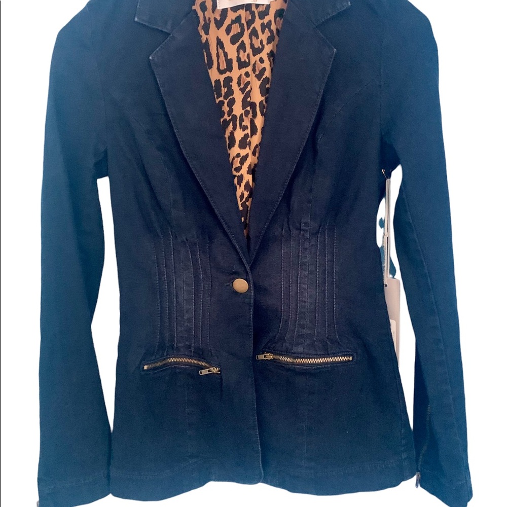 Charley 5.0 Midnight Denim Leopard Print Lining Blazer NWT Size S